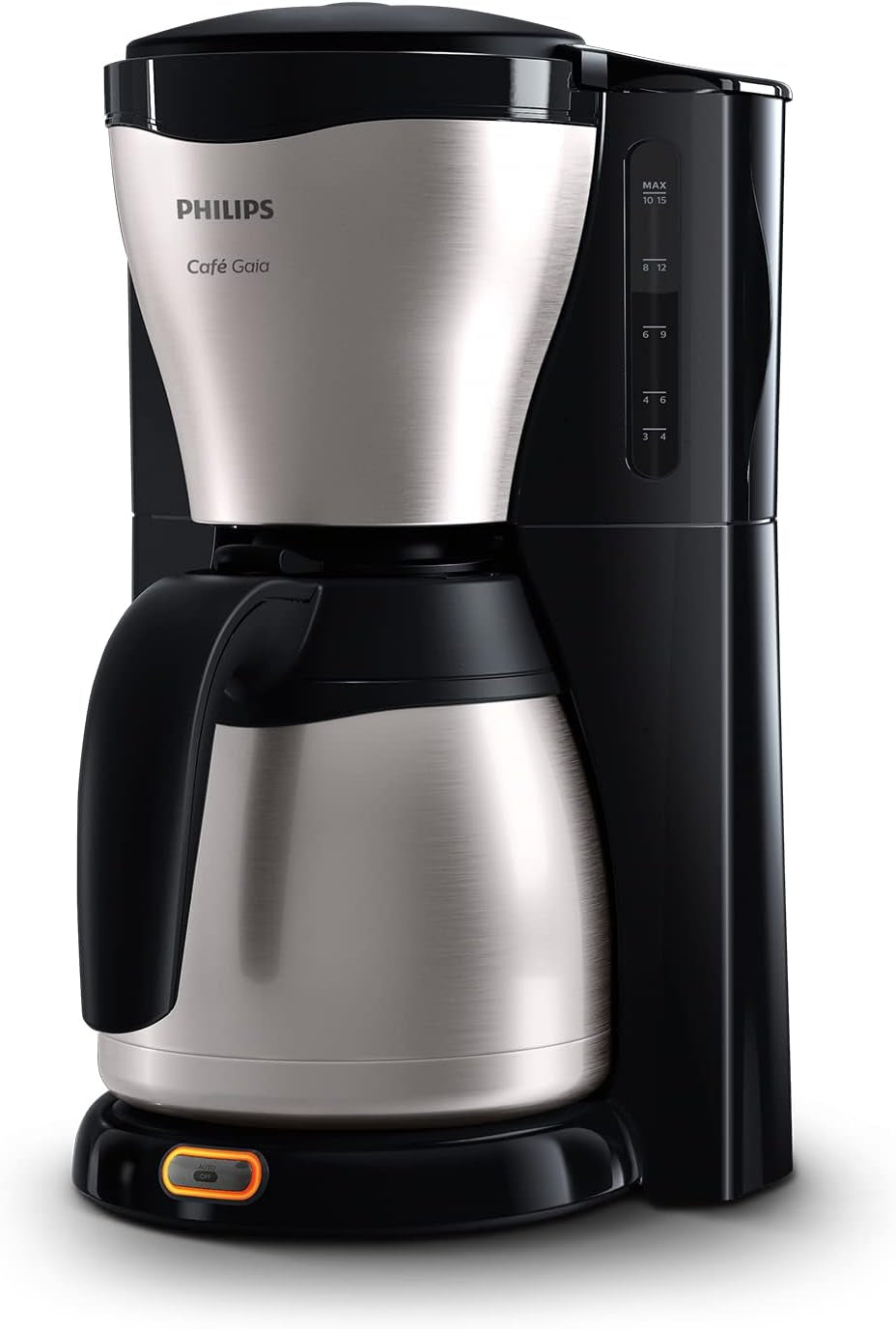 PHILIPS Café Gaia Filter Espressomaskin - Termokanna i rostfritt stål, Anti-droppsystem, Intensiv arom, Auto-Off, 1300ml, Svart (HD7546/20)