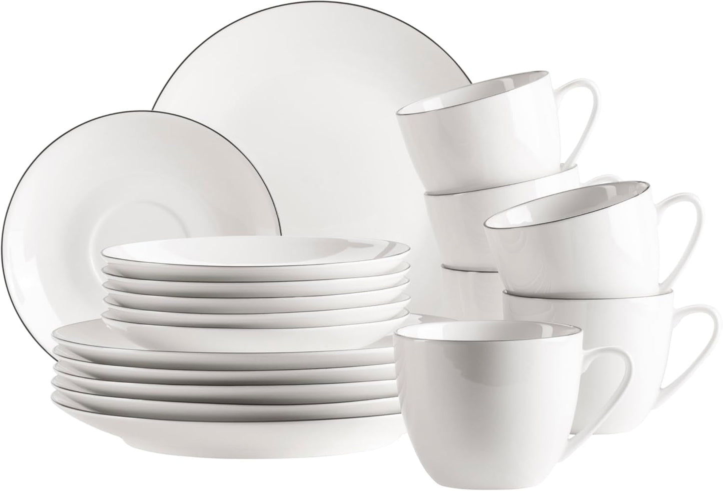 MÄSER Felise-serien, elegant kaffeservering för 6, tidlös, svart kant, porslin, vit
