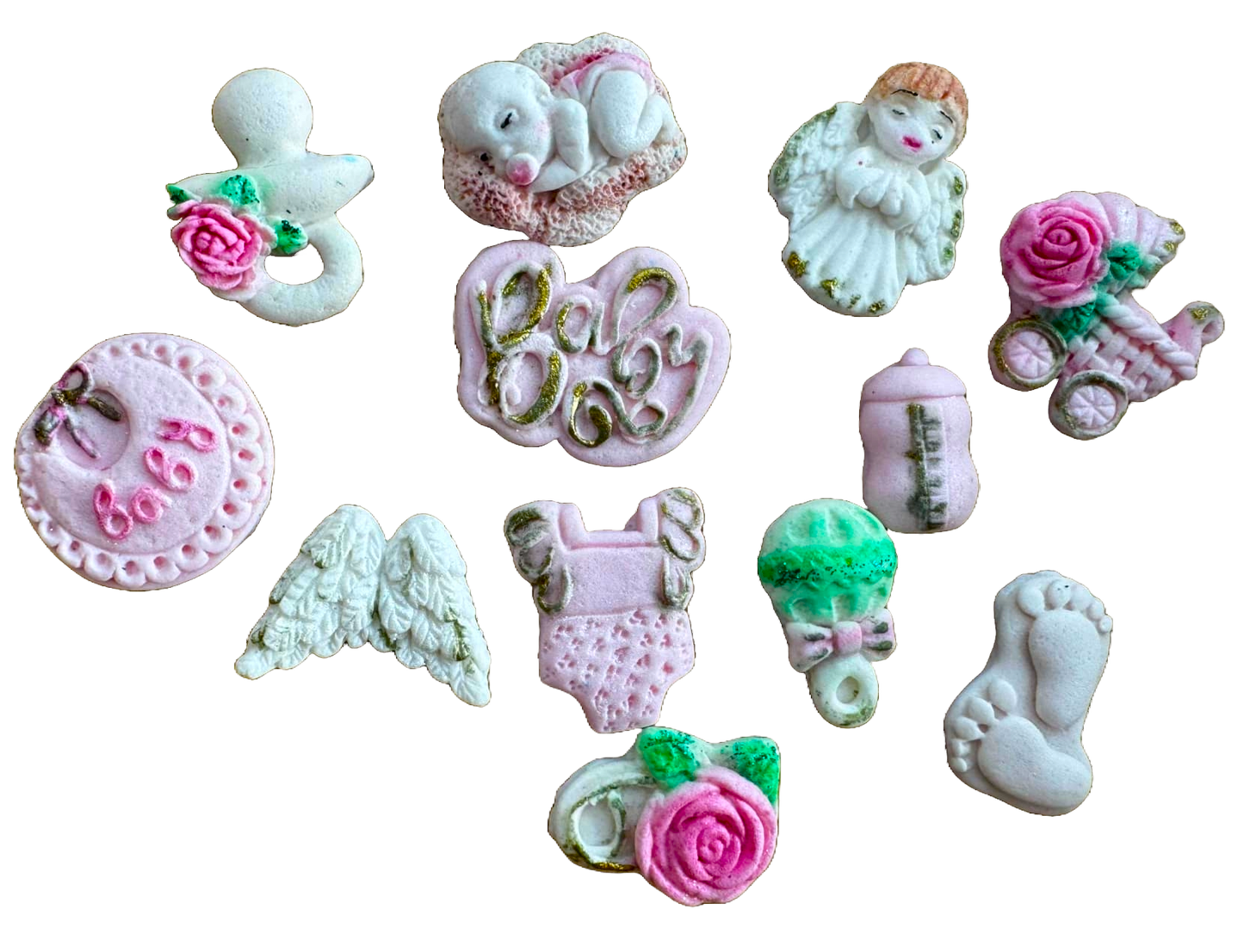 Set med 12 ätbara dekorationer från sugarpaste, Naty Shop Baptism Decorations från Sugar Paste
