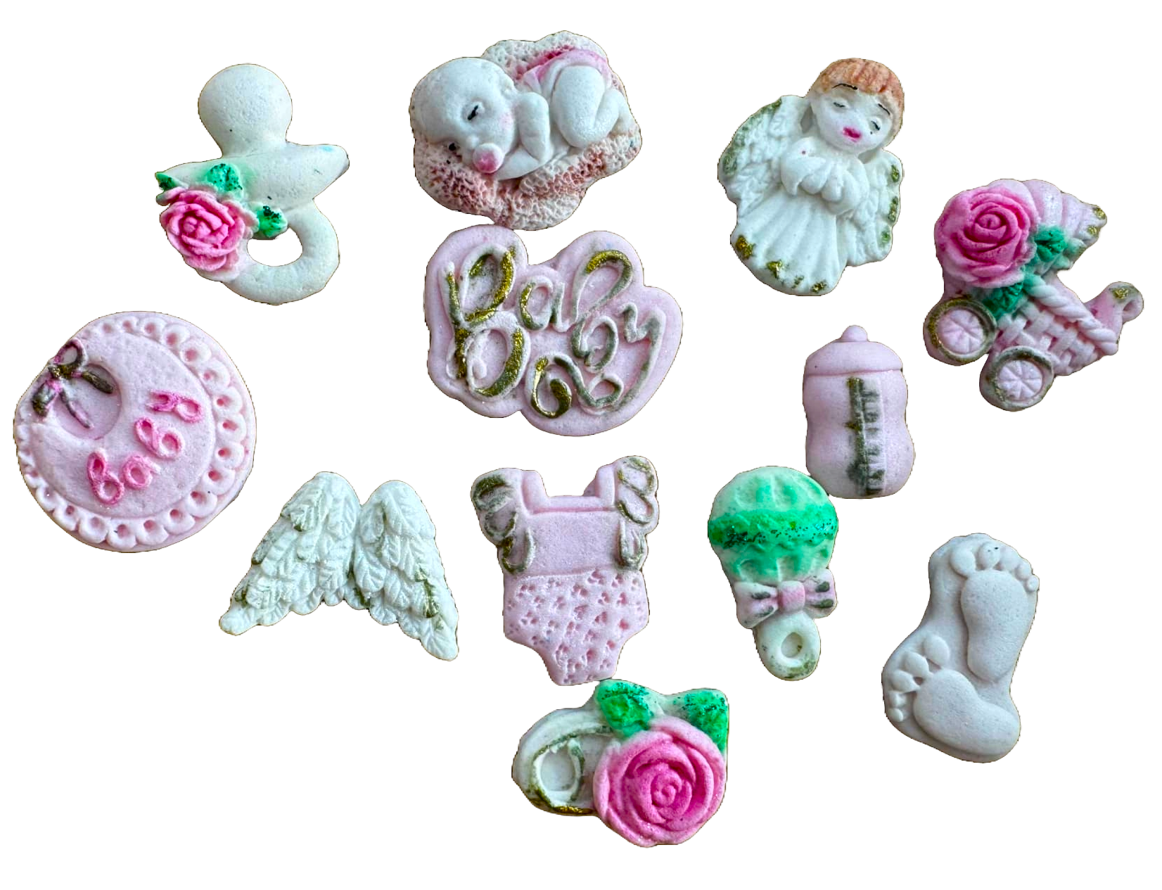 Set med 12 ätbara dekorationer från sugarpaste, Naty Shop Baptism Decorations från Sugar Paste