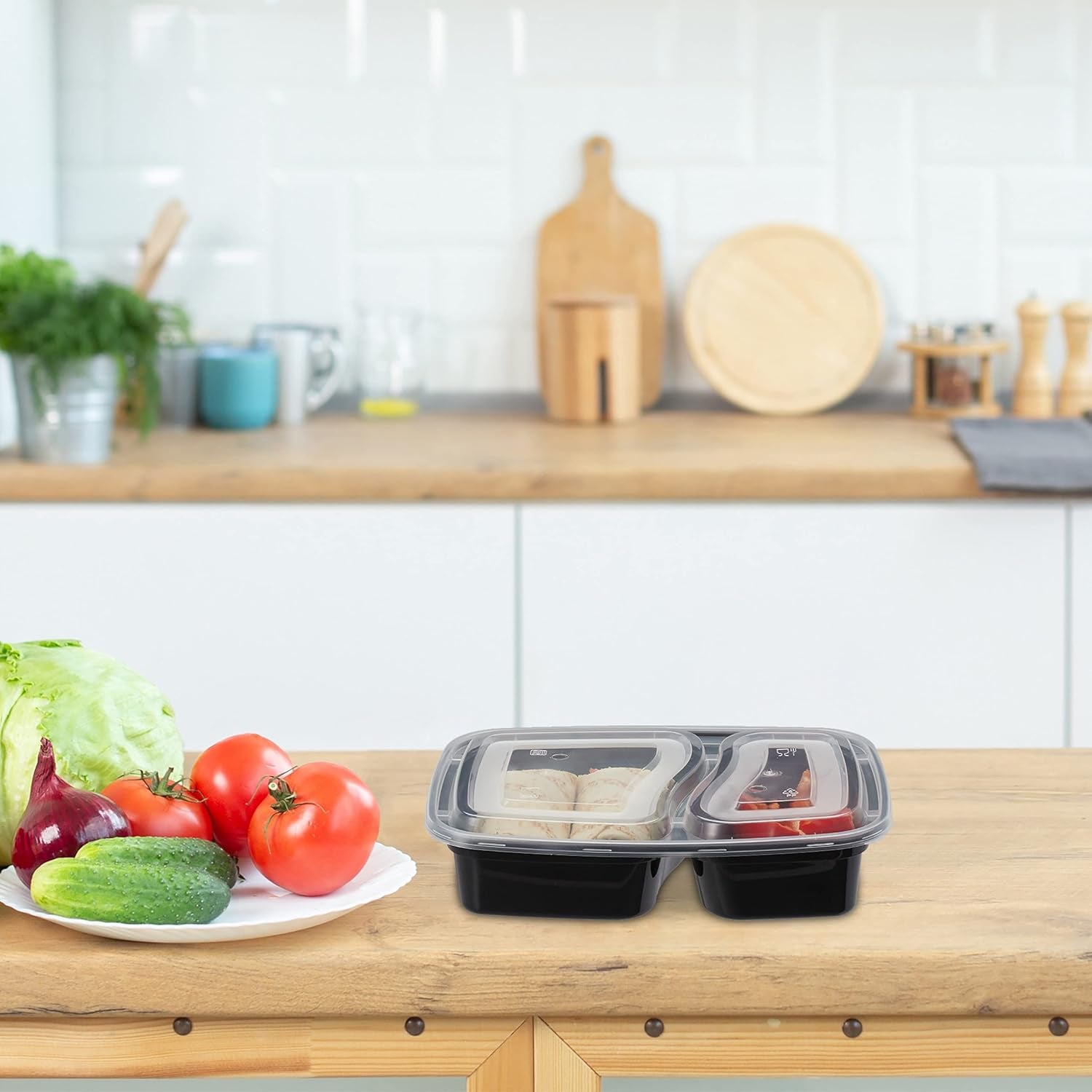 Relaxdays Meal Prep-lådor, set med 10, 2 fack, mikrovågsresistent, 800 ml, plastmatlåda med lock, svarta matförvaringslådor Naty Shop