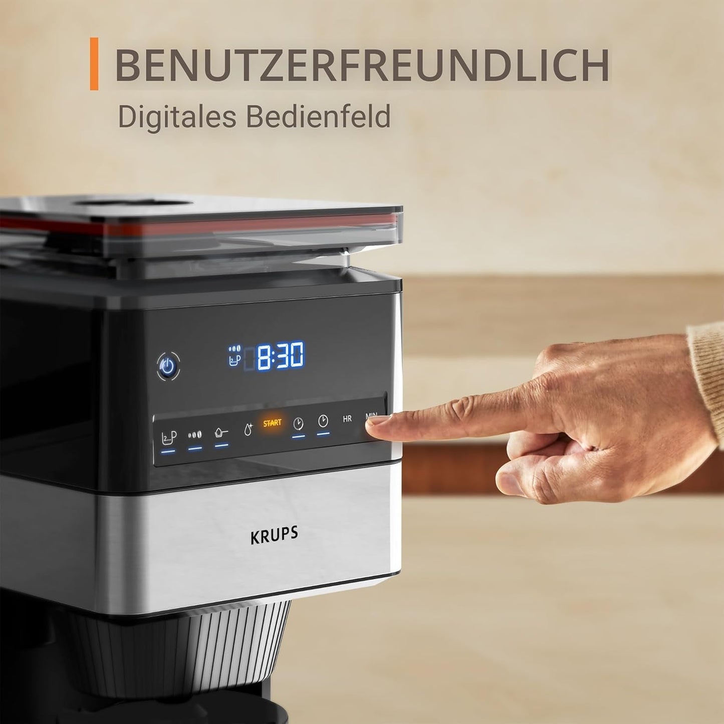 KRUPS Grind Aroma XL Espressobryggare, löstagbar konisk kvarn, Digital kontrollpanel, XL Kapacitet (1,5 L), Håll varm funktion, Glaskaraff, Svart/rostfritt stål, KM842810