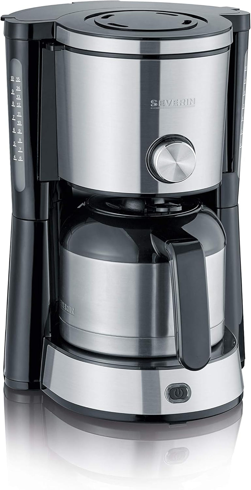 SEVERIN "TypeSwitch" espressomaskin med termokanna, AromaSwitch för att välja mellan 2 bryggprofiler, kaffemaskin för upp till 10 koppar, 1000W, borstat rostfritt stål-svart, KA 4845