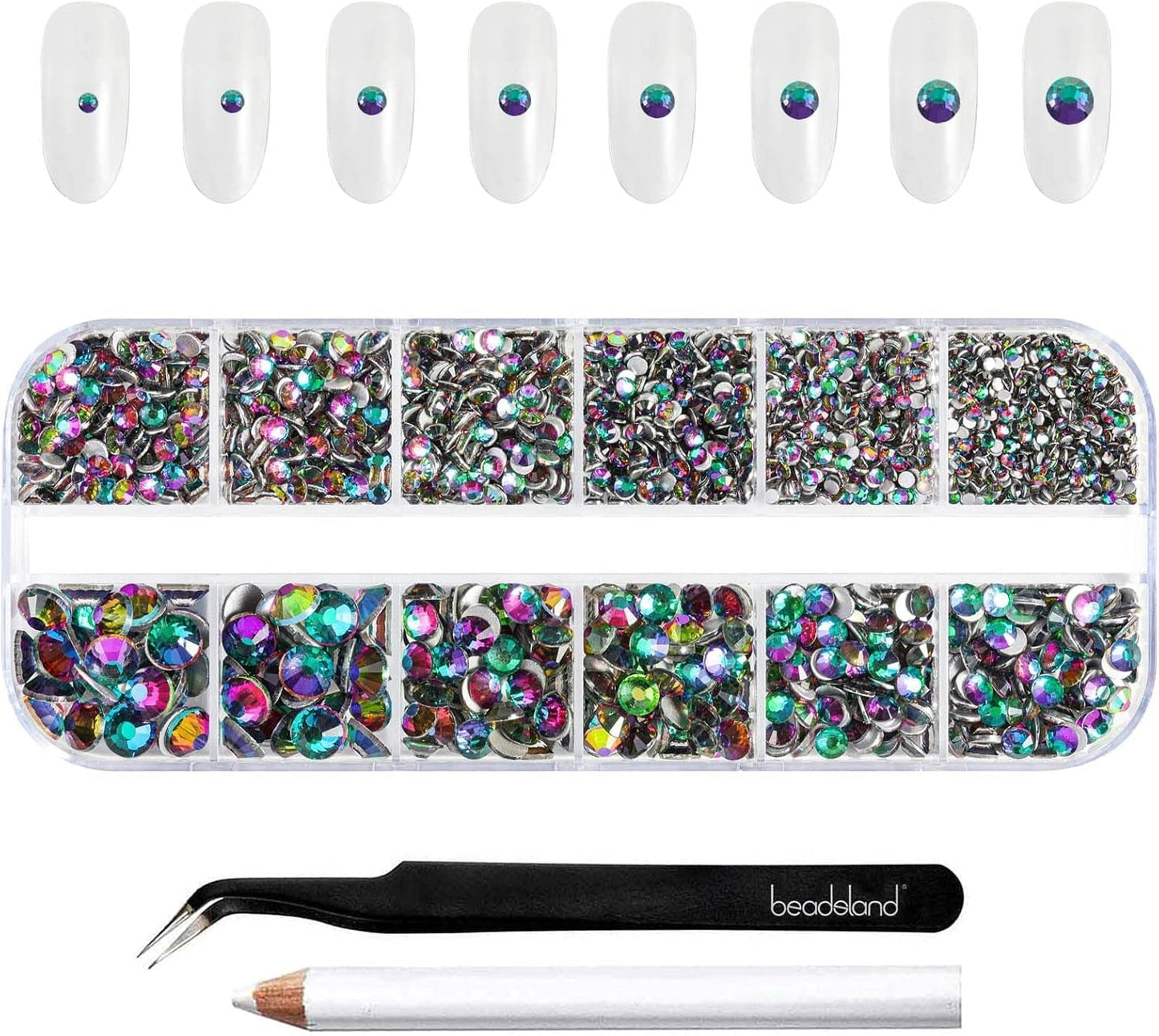 Beadsland 2500st Glas Nailart Strasssteine ​​​​Kristall Flatback Edelsteine ​​​​Runde, ​​Für Handwerk Gemischt 8 Größen SS4 ~ SS30 Mit Picking Pinzette Und Stift (Kristall Weiss)