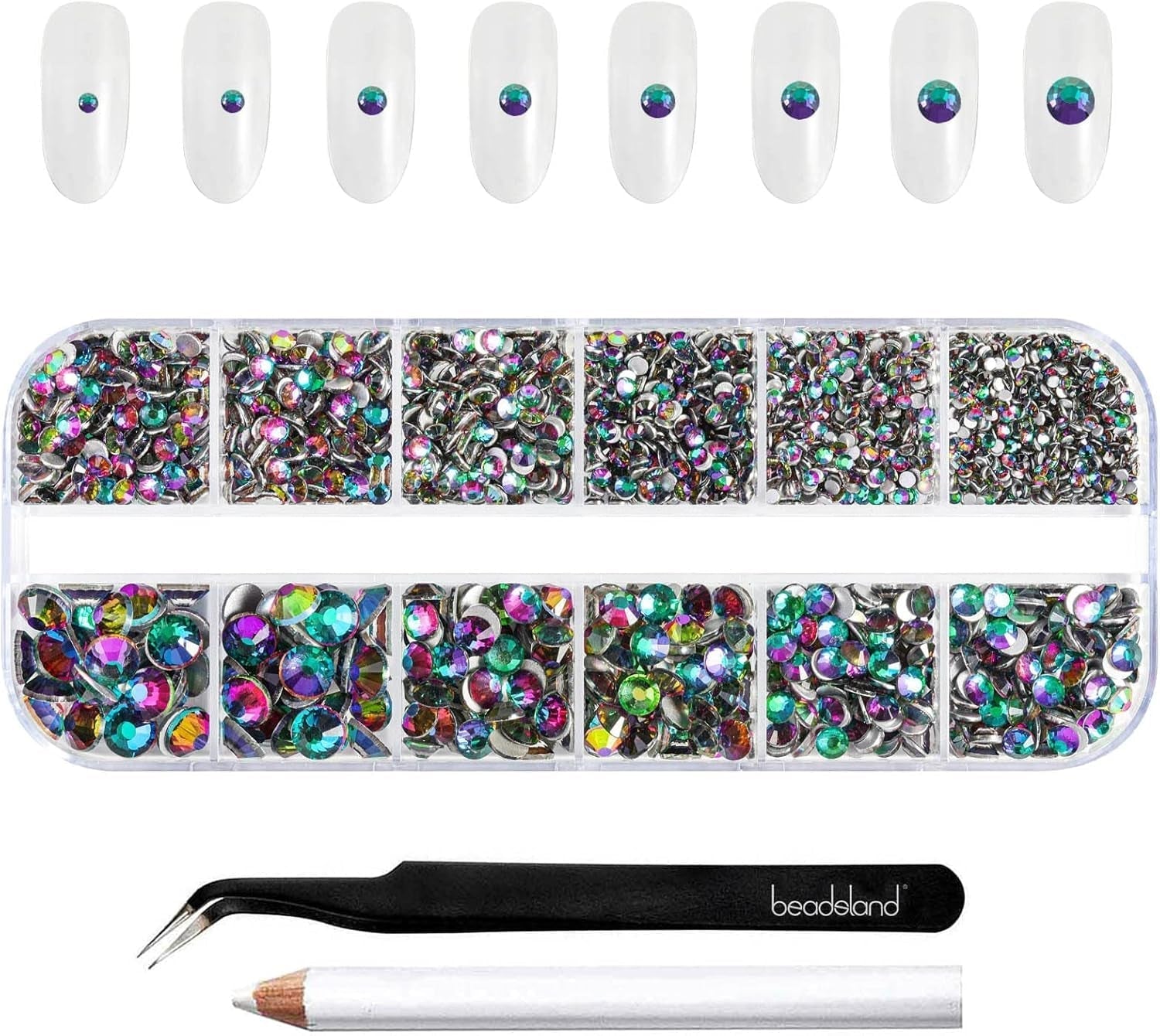Beadsland 2500st Glas Nailart Strasssteine ​​​​Kristall Flatback Edelsteine ​​​​Runde, ​​Für Handwerk Gemischt 8 Größen SS4 ~ SS30 Mit Picking Pinzette Und Stift (Kristall Weiss)