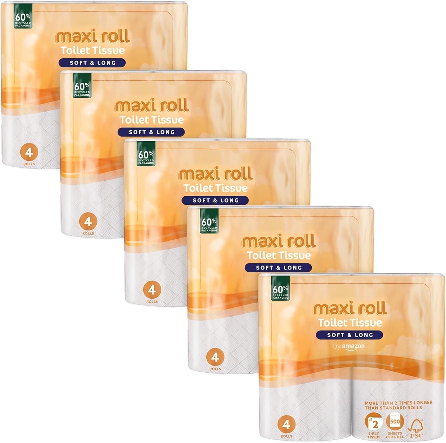 By Amazon Toalettpapper (Maxi Roll), 2 Ply, Quilted, Mjuk och Delikat, 20 Rolls (5 Packs of 4), 500 Tears Per Roll, Fsc Certified