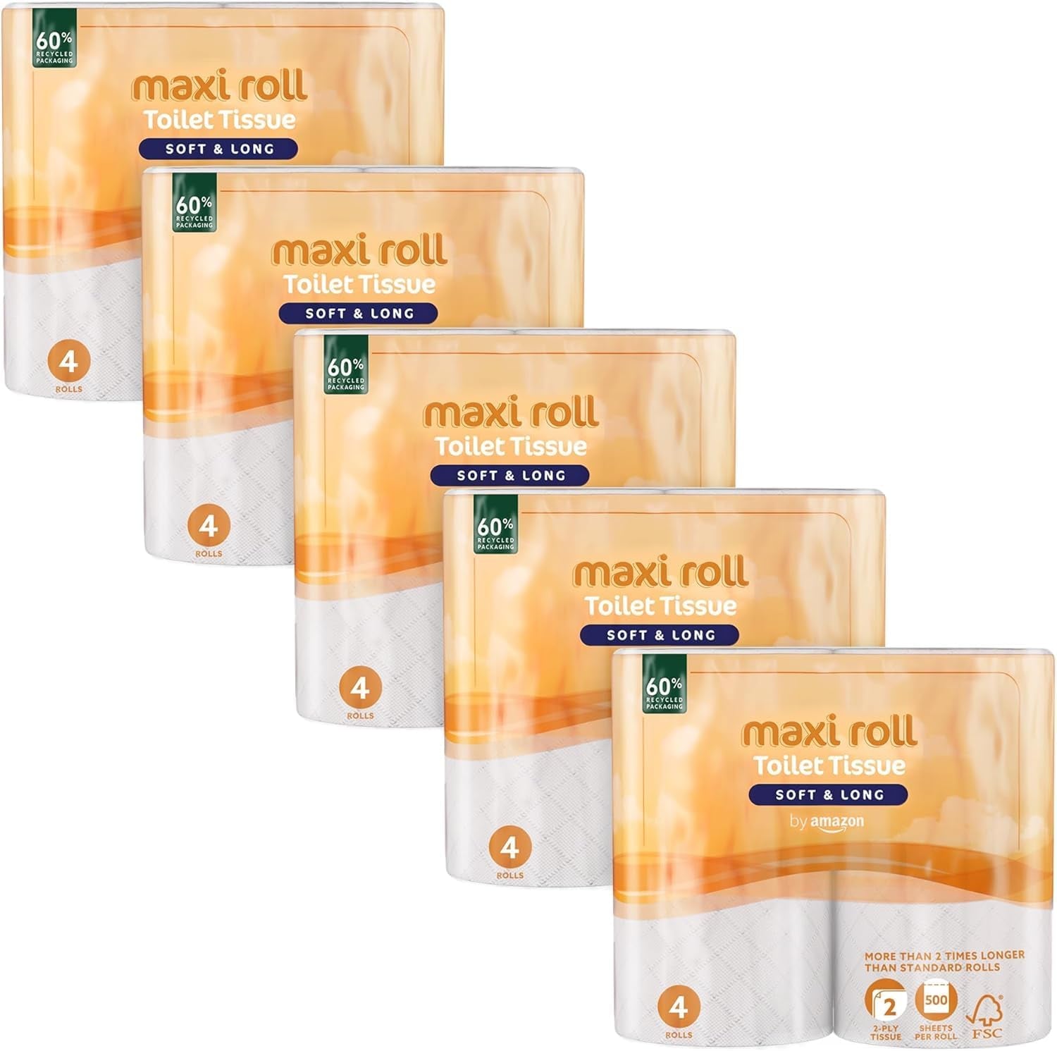 By Amazon Toalettpapper (Maxi Roll), 2 Ply, Quilted, Mjuk och Delikat, 20 Rolls (5 Packs of 4), 500 Tears Per Roll, Fsc Certified