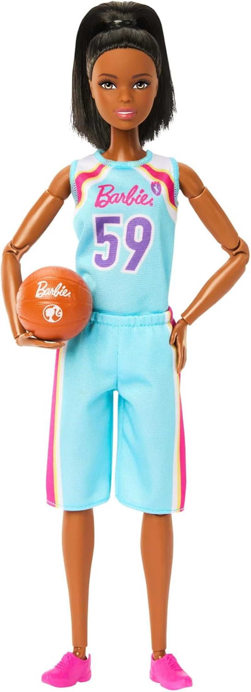 Barbie Made to Move Docka och tillbehör, brunettbasketspelare med avtagbar sportklänning och boll, 22 ledade leder, HKT74