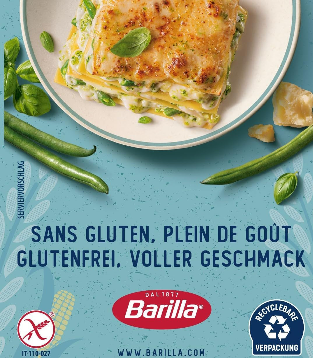 Barilla Pasta Glutenfri Lasagne, gjord på läcker majs och ris, perfekt för personer med celiaki eller glutenintolerans, 10-pack (10 x 250 g)