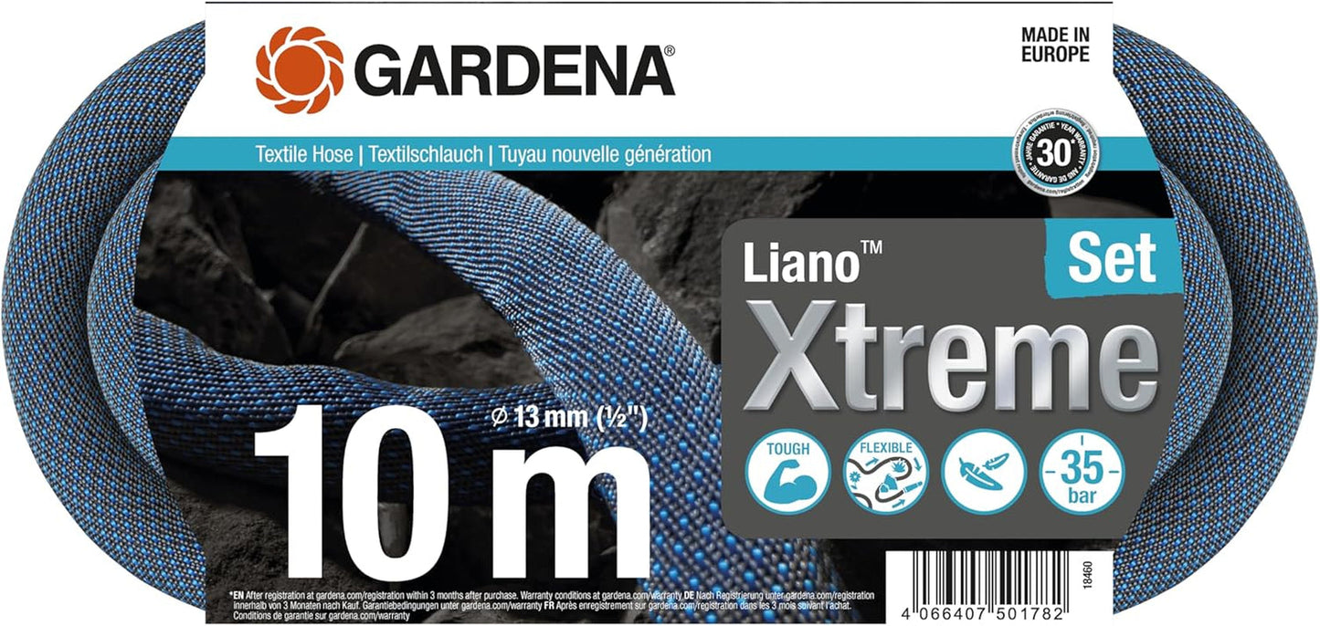 Gardena Liano Xtreme 1/2 Inch 10m Set: Extremt robust textil trädgårdsslang för inomhuskranar med lätt, väderbeständig PVC-innerslang (18460-20)