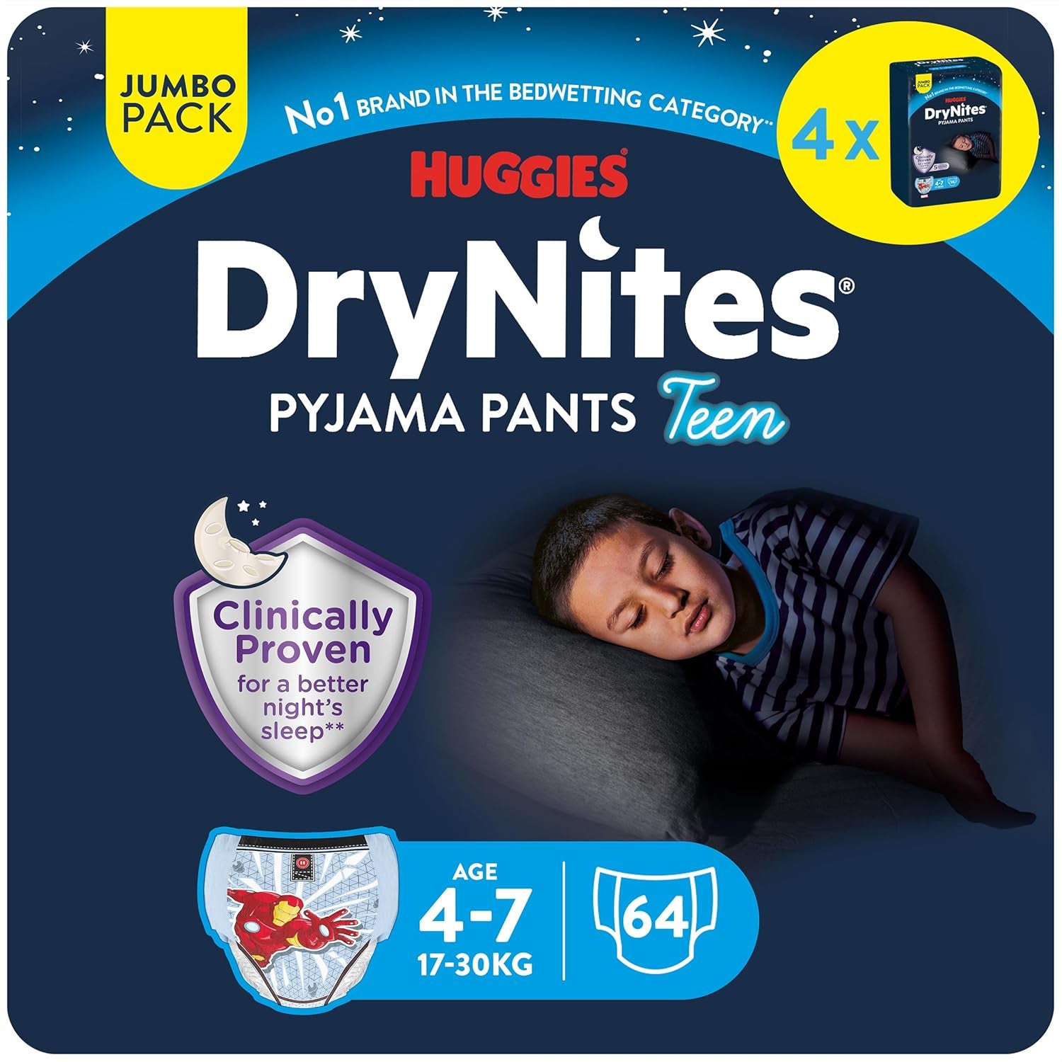 DryNites Absorberande sängvätningsblöjor för pojkar 4-7 år (17-30 kg), Jumbo månadspaket, 64