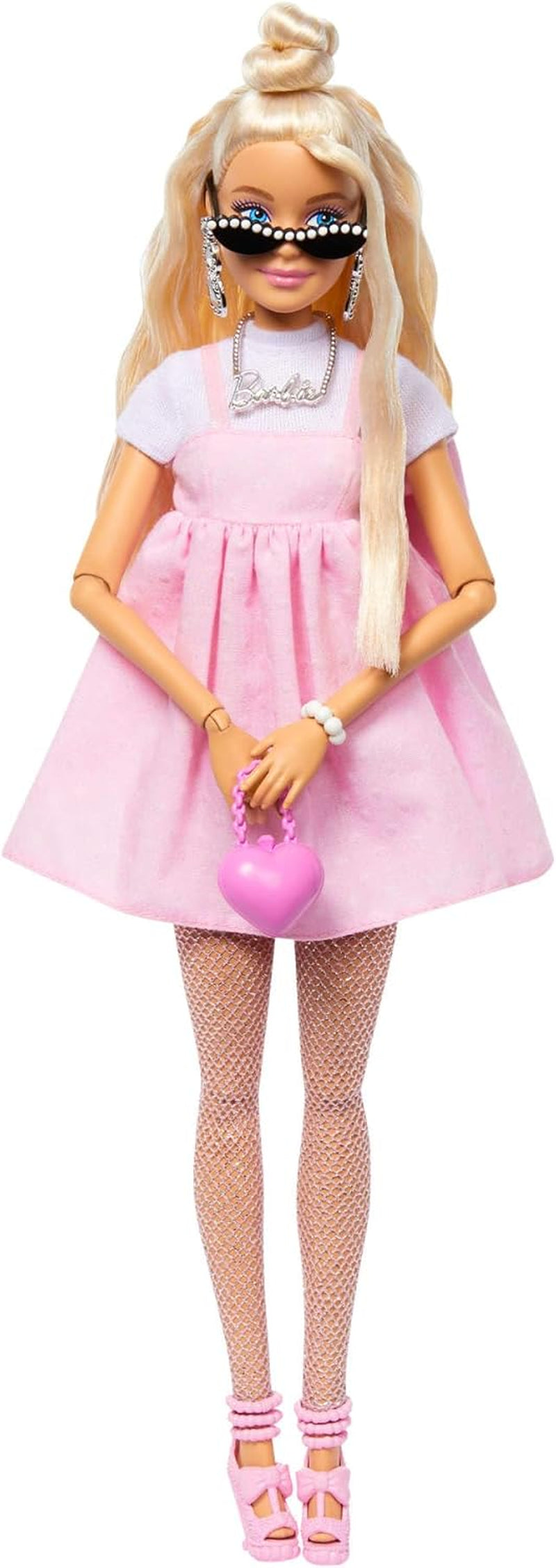Barbie Doll Deluxe Style nr. 3 med Barbiecore-outfit, blont hår i hög knull, pastellrosa klänning med överdimensionerad rosett och accessoarer som nätstrumpbyxor, HYV27 Naty Shop Dolls Blonde