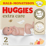 Huggies Newborn blöjor, storlek 2, 116 blöjor (2 x 58), halvmånadslåda