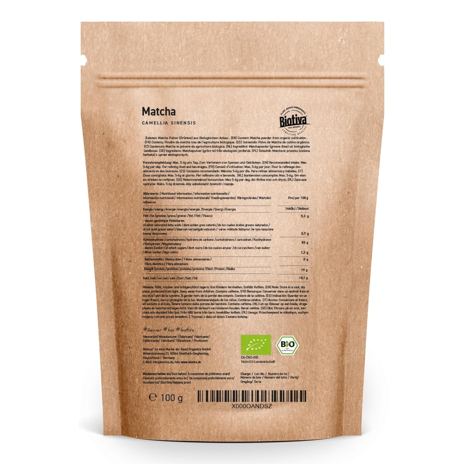 Ekologiskt Matcha-te 100g - Original Matcha-pulver - Tea Latte Smoothies - Ekologisk Matcha av högsta kvalitet från Japan - Buteljerat och kontrollerat i Tyskland - Biotiva