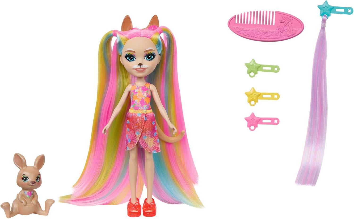 Enchantimals Dolls, Sunshine Beach Deluxe Hair Doll and Animal Friend, Liten docka med avtagbar kjol och tillbehör, Barnpresenter, HTJ70 Naty Shop Dolls Standardtitel