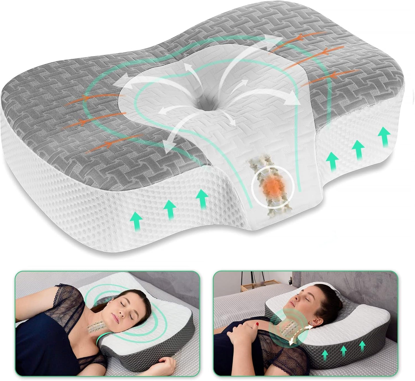 Elviros Memory Foam Ortopedisk kudde Nacksmärtskudde Sovkudde Ergonomisk nackkudde Nackstödskudde Antisnarkningskudde för sidosliprar Magsliprar Vita cervikala ortopediska kuddar Naty Shop Grå 60 X 38,6 X 9,9/13,5 Cm