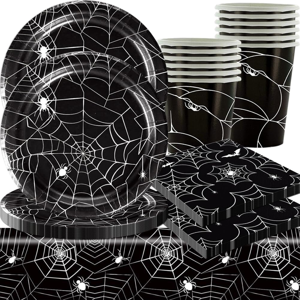 49 delar Halloween Spider Paper Bestick Set Inklusive tallrikar, servetter, glas och bordsduk. Svart servisset med desserttallrikar, servetter och glas.