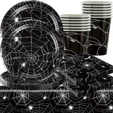 49 delar Halloween Spider Paper Bestick Set Inklusive tallrikar, servetter, glas och bordsduk. Svart servisset med desserttallrikar, servetter och glas.
