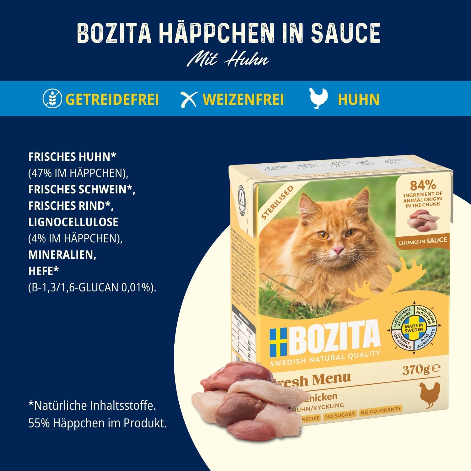 Bozita Tetra steriliserade bitar i sås med mycket kyckling - 6 x 370 g vått spannmål och sockerfritt kattfoder - icke-GMO, med 8,5 % protein och 4,5 % fett - hög kvalitet och extremt välsmakande