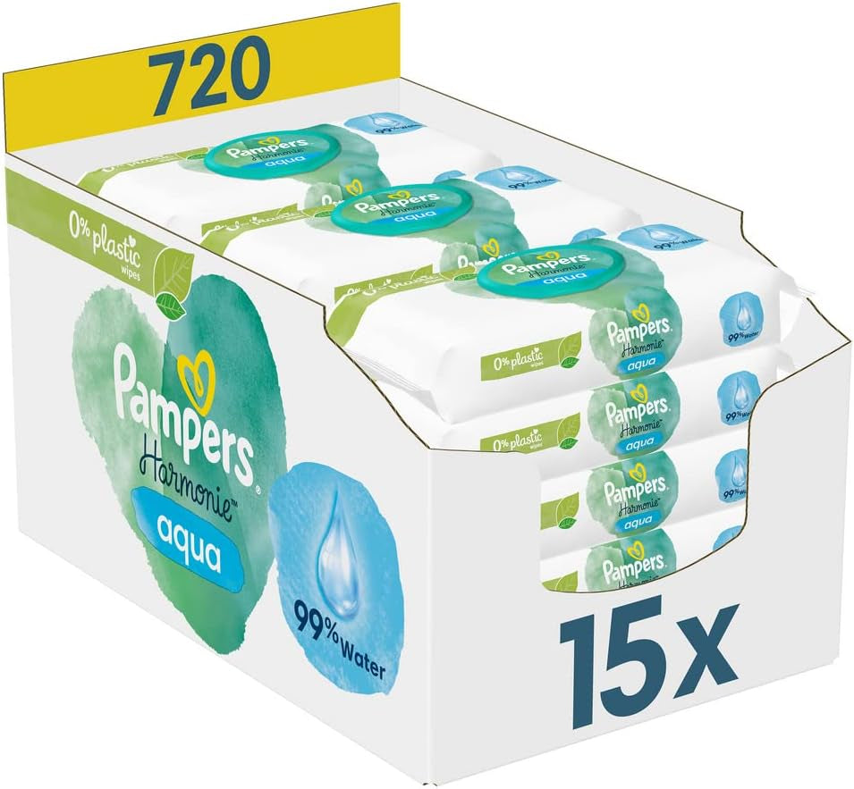 2320 Plus 2017 Refill Box (6-pack) och Pampers Harmony Aqua Baby Wet Wipes Box, 720 Wipes (15 x 48), skonsamt hudskydd med 99 % vatten