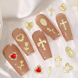 Guld Nail Charms 80st Cross Rose Heart Virgin Mary Nail Gems Metalllegering Nageltillbehör för manikyr Designdekorationer DIY-hantverk