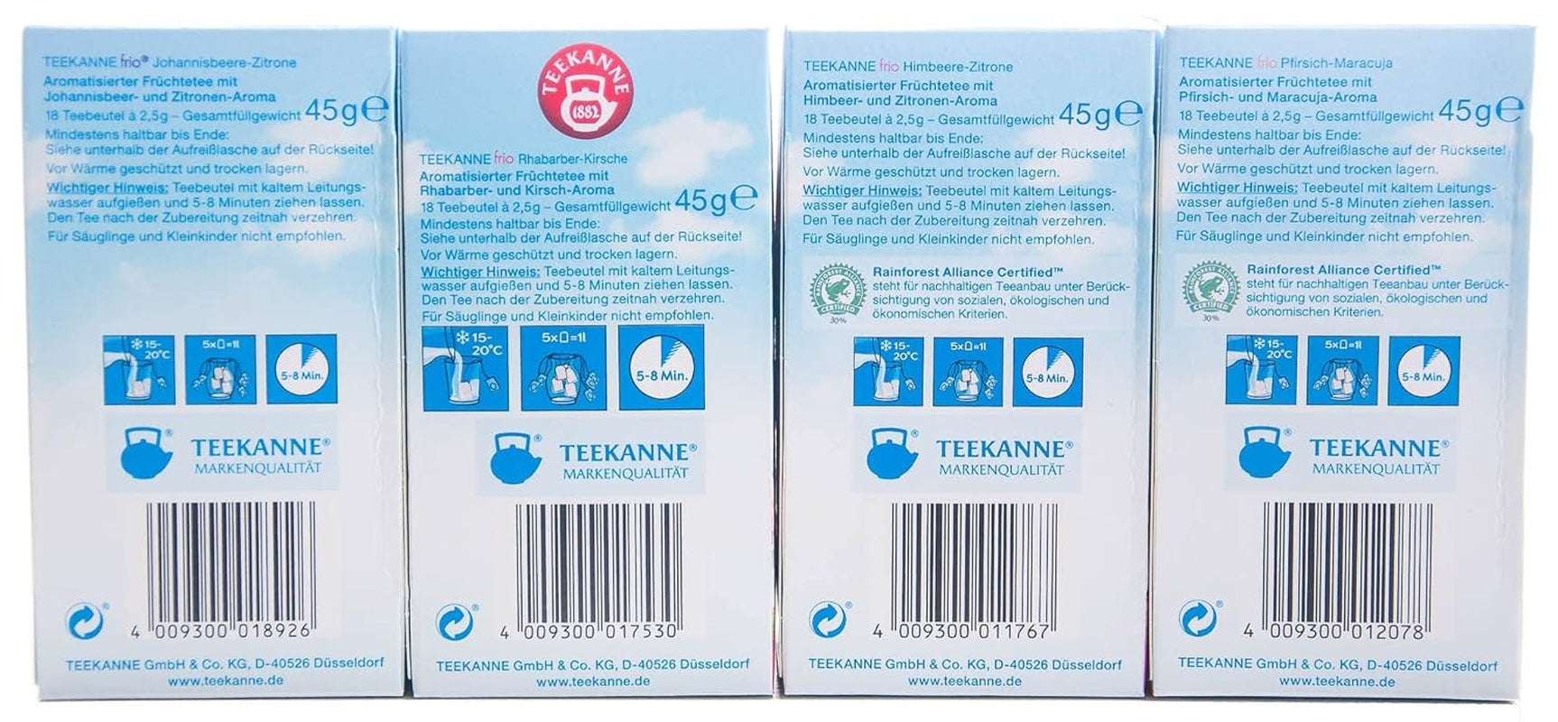 Teekanne Frio förpackning om 4, körsbärsrabarber, citronvinbär, citronhallon, passionsfruktpersika (4 x 45 g)