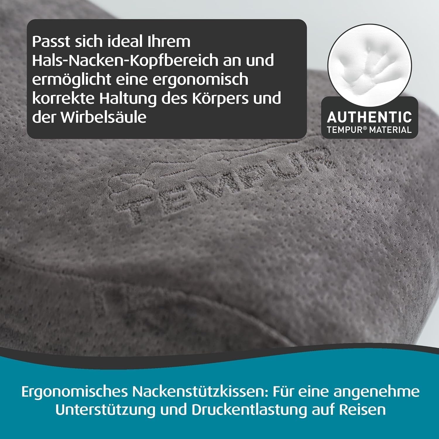 TEMPUR Memory Foam Resekudde, Ergonomisk nackkudde, inklusive bärväska, antracit, Mått 25 x 31 x 10/7 cm