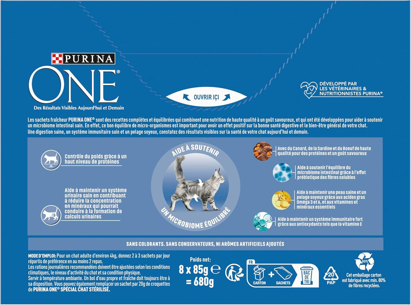 PURINA ONE | BIFENSIS | Mat för steriliserade vuxna katter | Stödjer kattens vitalitet, ben, muskler och leder | I sås | Påsar med anka, sardiner, nötkött, färskhet | 1 stycke (8 x 85 g)