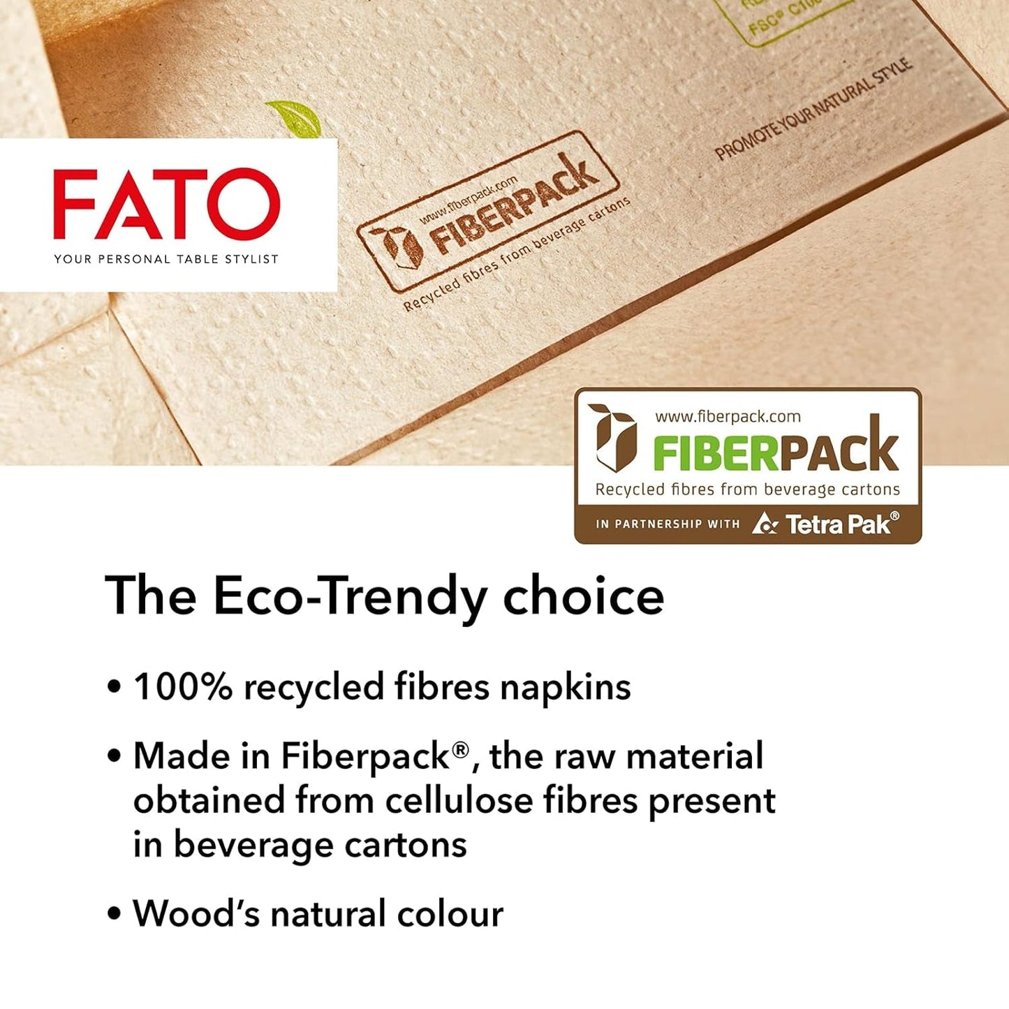 Fato - Naturliga 4-faldiga engångspappersservetter, miljövänliga, 40-pack, storlek 38X38, 2-lagers, 100 % återvunnet papper