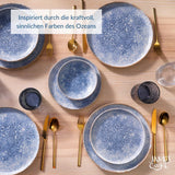 Azure Vintage Stoneware servisset för 6 - 24 delar - vita och blå ränder, präglad yta - Diskmaskin, ugn och mikrovågssäker