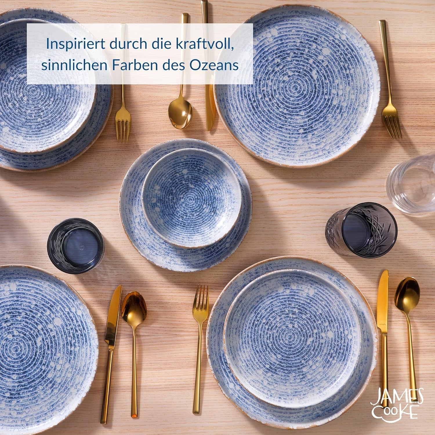 Azure Vintage Stoneware servisset för 6 - 24 delar - vita och blå ränder, präglad yta - Diskmaskin, ugn och mikrovågssäker