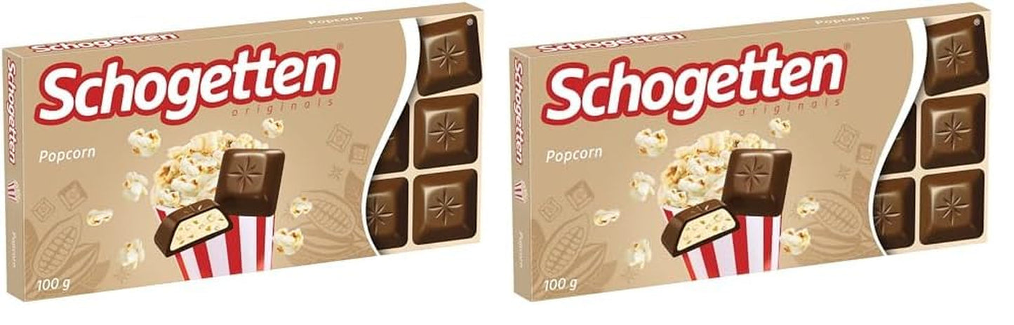 Schogetten popcorn 1 chokladkaka x 100g, mjölkchoklad med popcorn och majsbitar, praktiska enskilda bitar. En delikatess. Bit för bit.