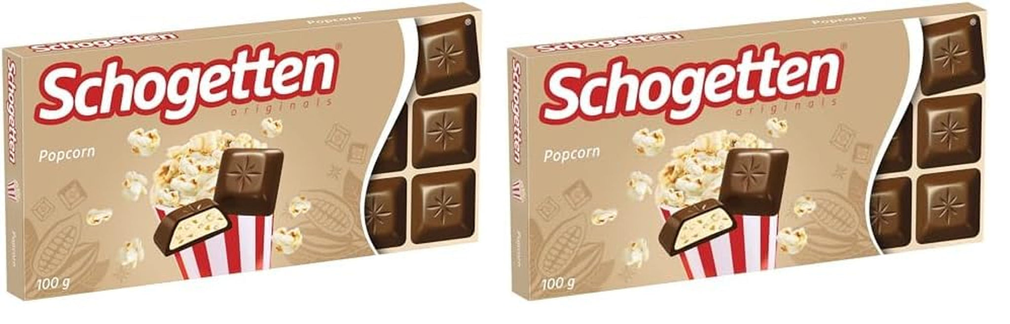 Schogetten popcorn 1 chokladkaka x 100g, mjölkchoklad med popcorn och majsbitar, praktiska enskilda bitar. En delikatess. Bit för bit.
