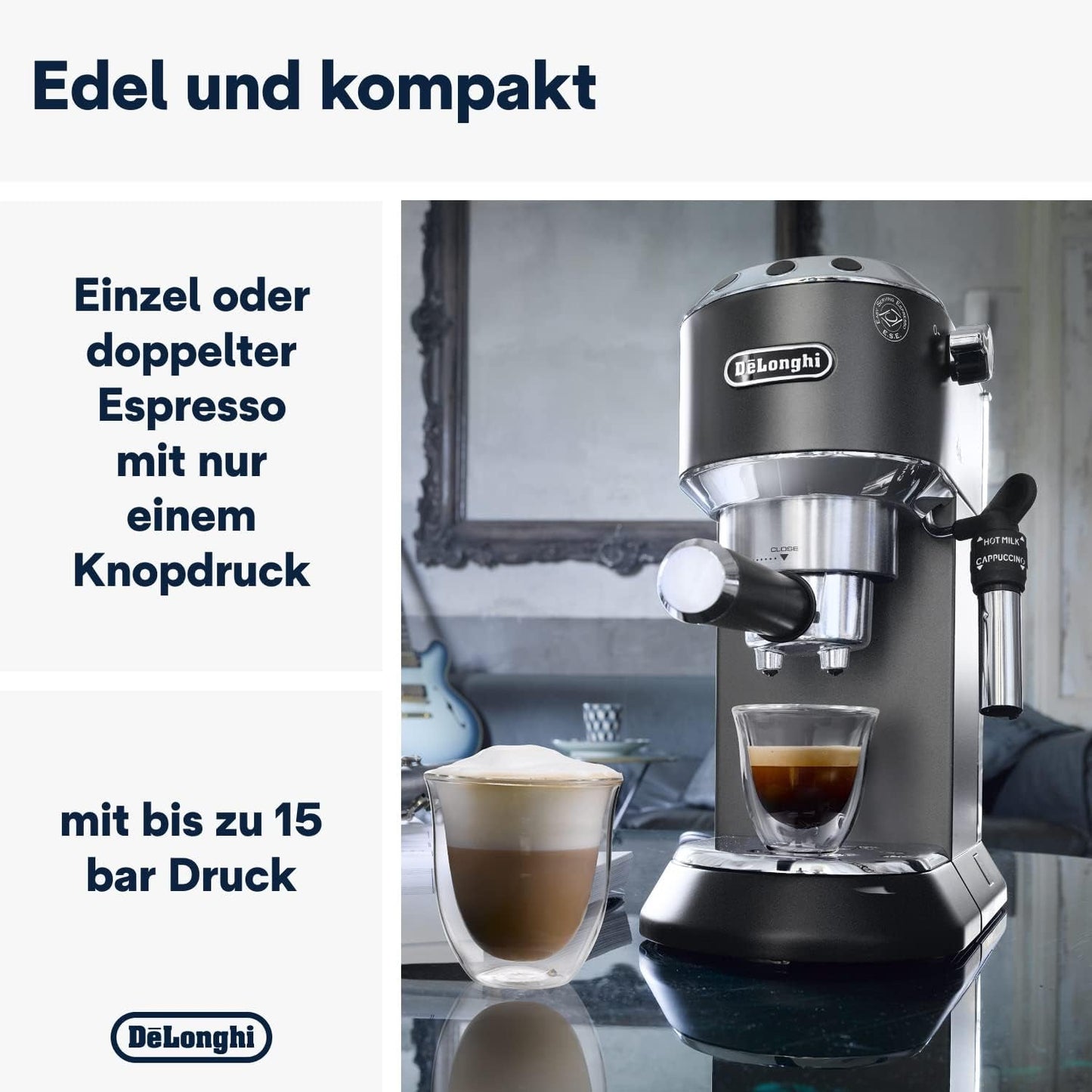De'Longhi Dedica Style EC 685.B – Espressomaskin med portafilter, espressomaskin med professionell mjölkskummare, endast 15 cm bred, för malet kaffe eller ESE-kapslar, 1 l vattentank, svart