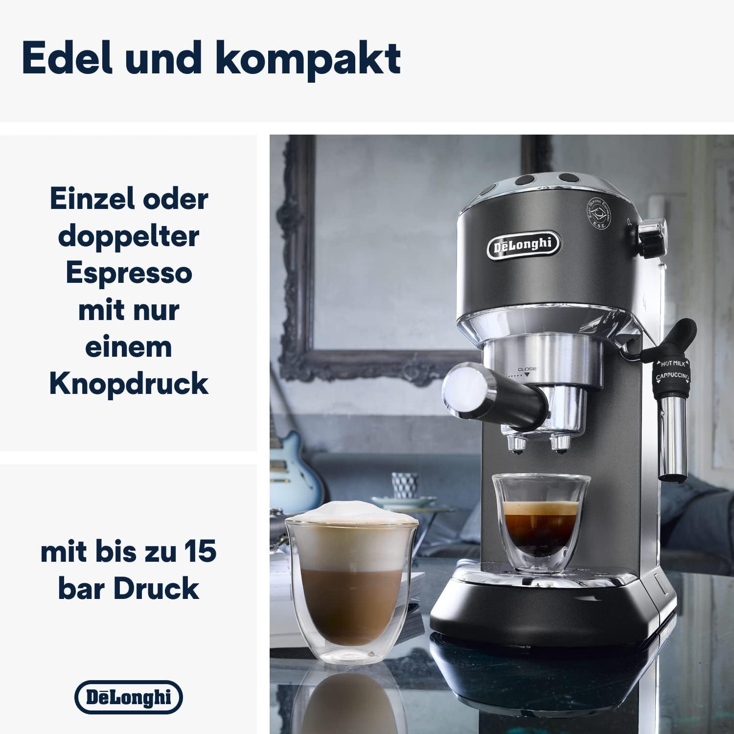 De'Longhi Dedica Style EC 685.B – Espressomaskin med portafilter, espressomaskin med professionell mjölkskummare, endast 15 cm bred, för malet kaffe eller ESE-kapslar, 1 l vattentank, svart