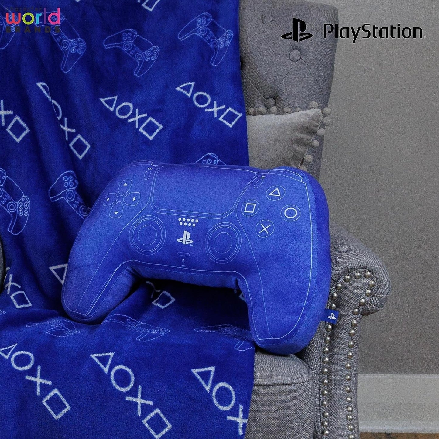 Character World: Officiellt licensierad Playstation Controller-formad kudde, handenhetsdesign, fylld plyschkudde | Perfekt för sovrums- eller lekinredning, blå Naty Shop standardkuddar