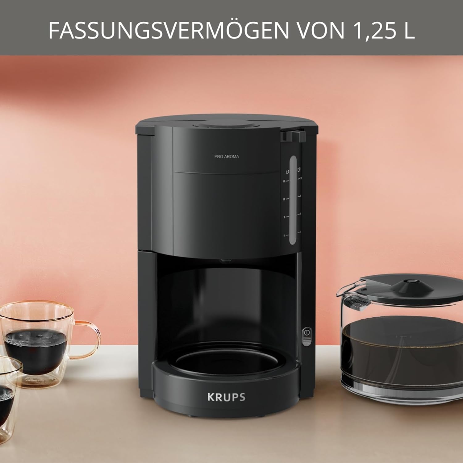 Krups F30908 ProAroma Espressomaskin med filter och glaskaraff, kapacitet 1,25 l, 10-15 koppar, 1050 W, svart