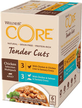 Wellness CORE Tender Cuts 6 x 85g, Kyckling Selection Mix - Våtfoder för katter, möra bitar i sås, spannmålsfria, naturliga, hypoallergena, rik på protein, hög kötthalt