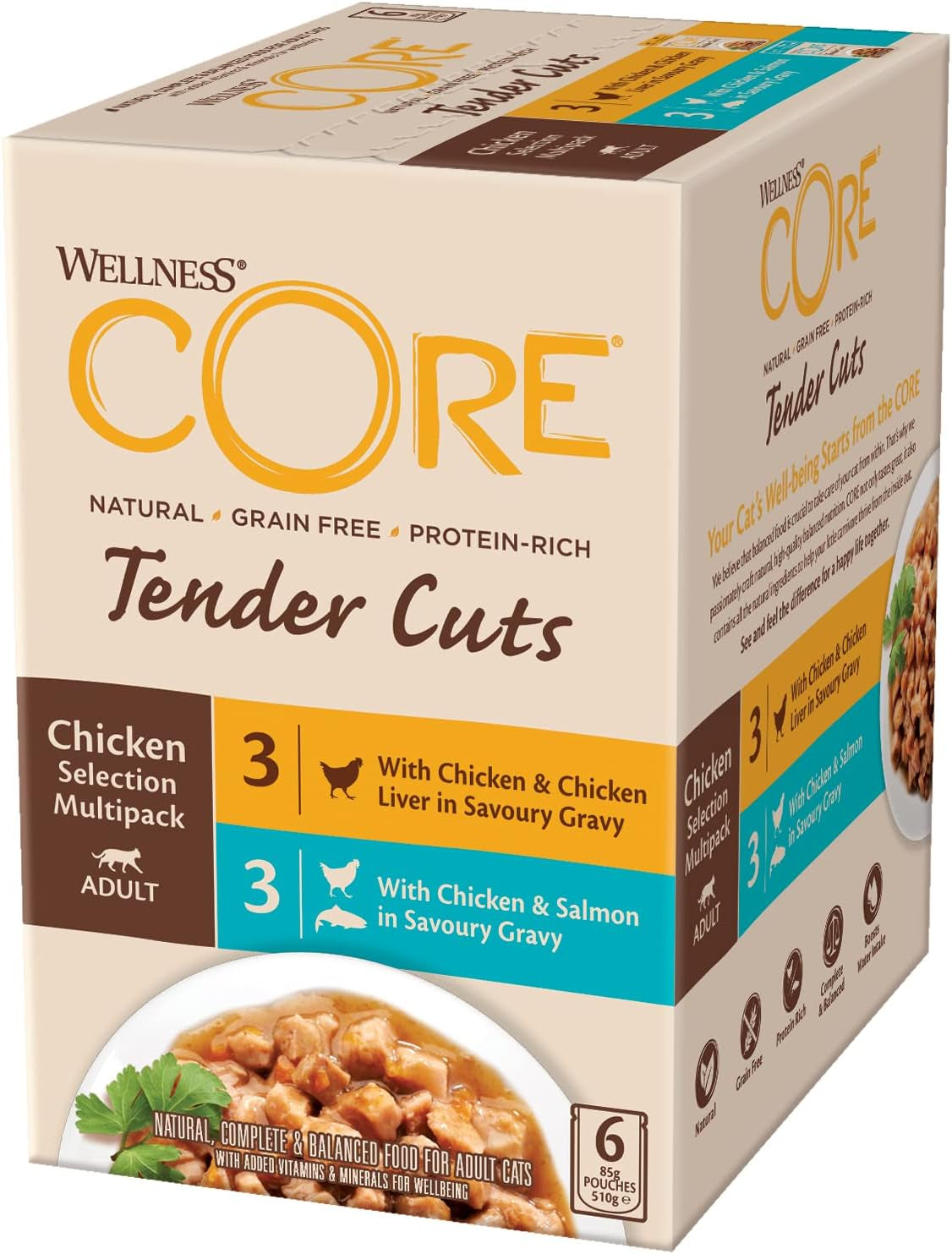 Wellness CORE Tender Cuts 6 x 85g, Kyckling Selection Mix - Våtfoder för katter, möra bitar i sås, spannmålsfria, naturliga, hypoallergena, rik på protein, hög kötthalt