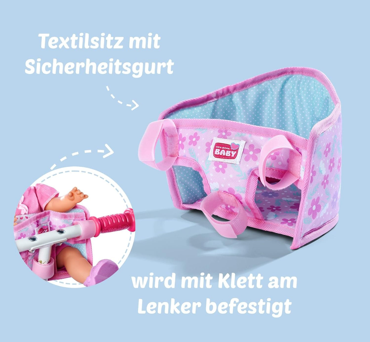 Simba 105560018 - Nyfödd cykelsits med bälte, docktillbehör, tygsits, säkerhetsbälte, kardborrstyre, för 30-43 cm dockor, 3+