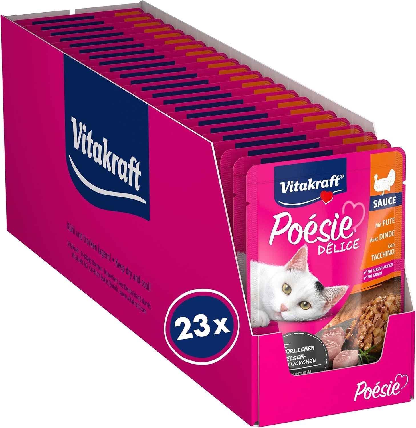 Vitakraft Poésie Délice, våt kattmat, kattmat i sås, med kalkon, bulkförpackning, utan tillsatt socker eller spannmål (23 x 85g)