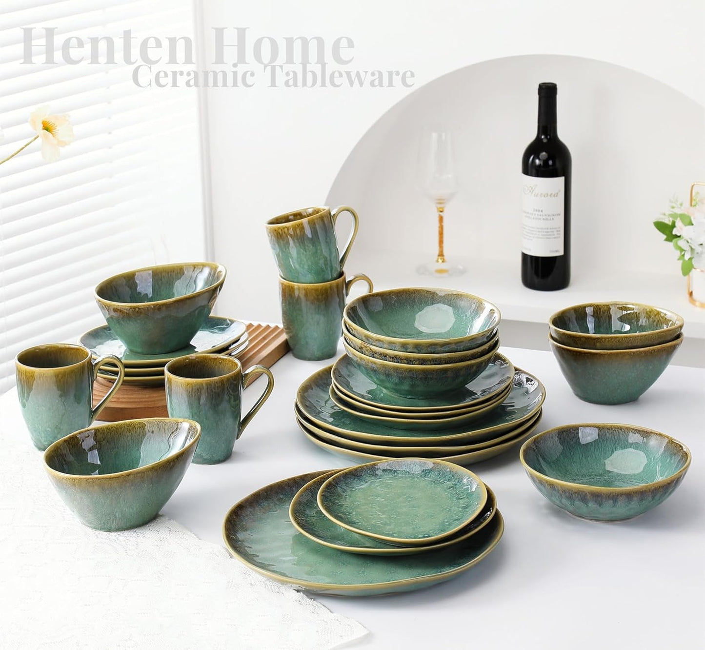 Henten Home Specialtallrikar i stengods, snacks och såsskålar - 20x17cm för 4 personer, frukosttallrikar i porslin - modern grön design