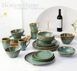 Henten Home Specialtallrikar i stengods, snacks och såsskålar - 20x17cm för 4 personer, frukosttallrikar i porslin - modern grön design