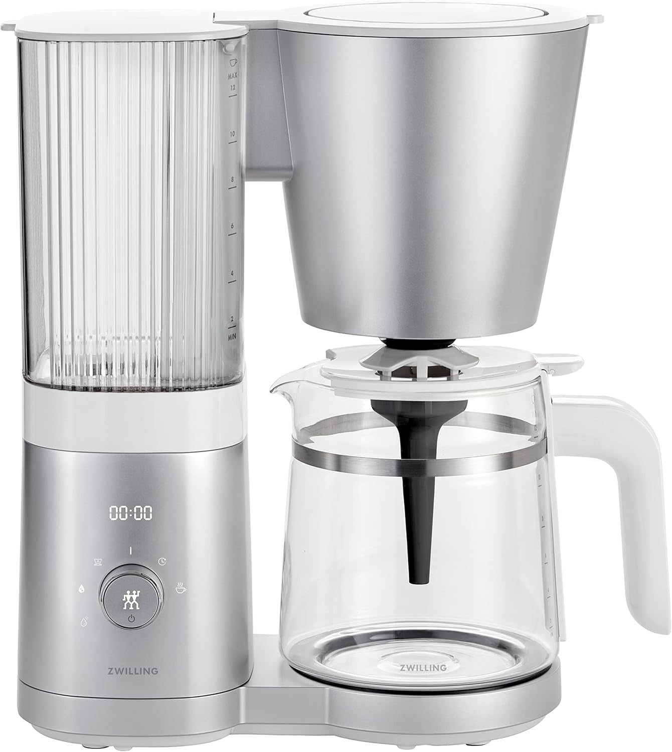 ZWILLING ENFINIGY Filter Espressomaskin med 1,5 liters glaskaraff, espressomaskin med rostfri stålpanna, blomningsfunktion och smart avkalkning, plast, silver