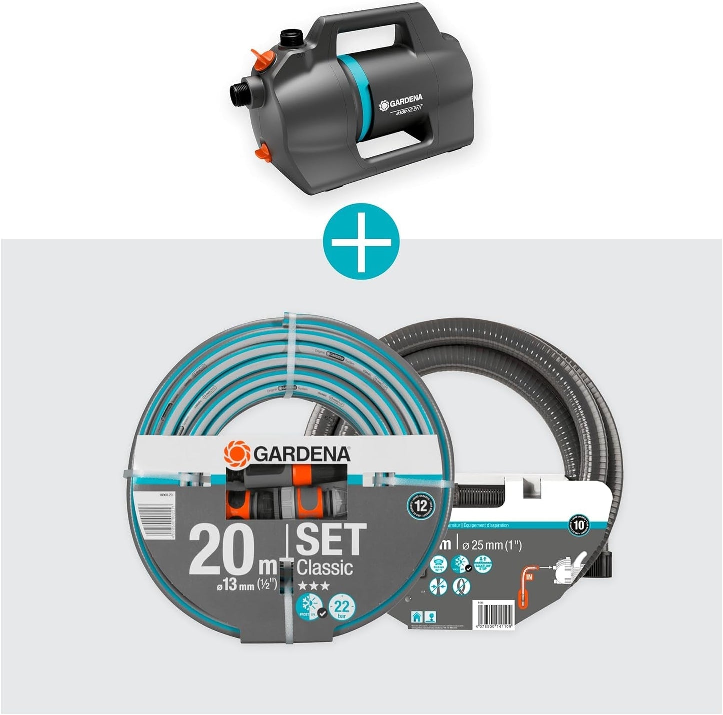 Gardena 4100 Silent Garden Pump Set: Mycket tyst och innovativ bevattningspump med 3,5 m suganslutning och 20 m klassisk slang, 4100L/h flöde, 550W motor, vattentät, ekonomisk (9051-20)