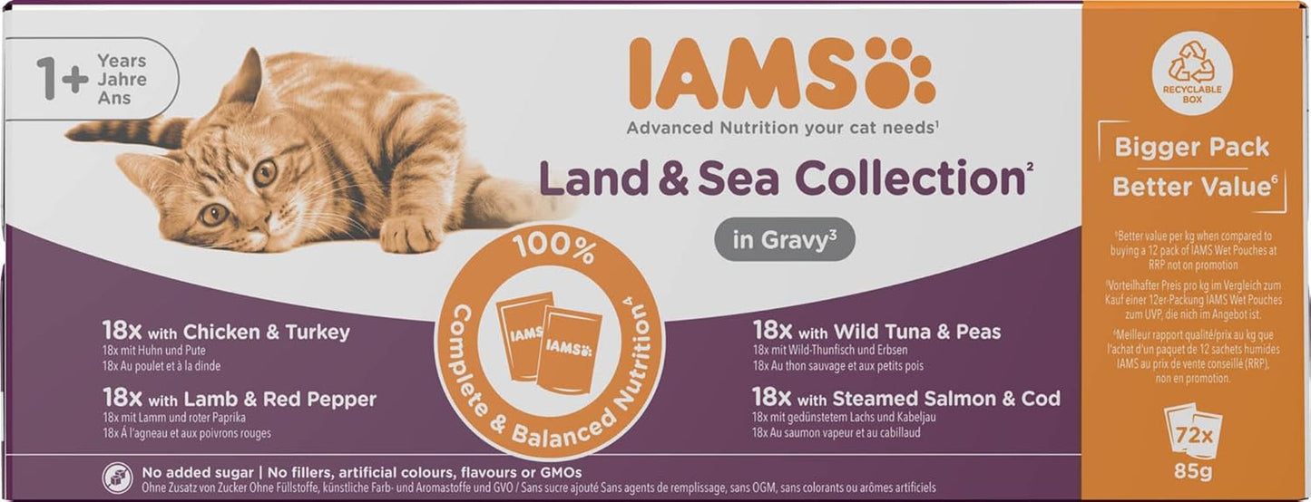 IAMS Delights Land & Sea Collection Wet Cat Food - Kött & Fisksortiment Multipack i sås, våtfoder för katter från 1 år, 72 x 85g