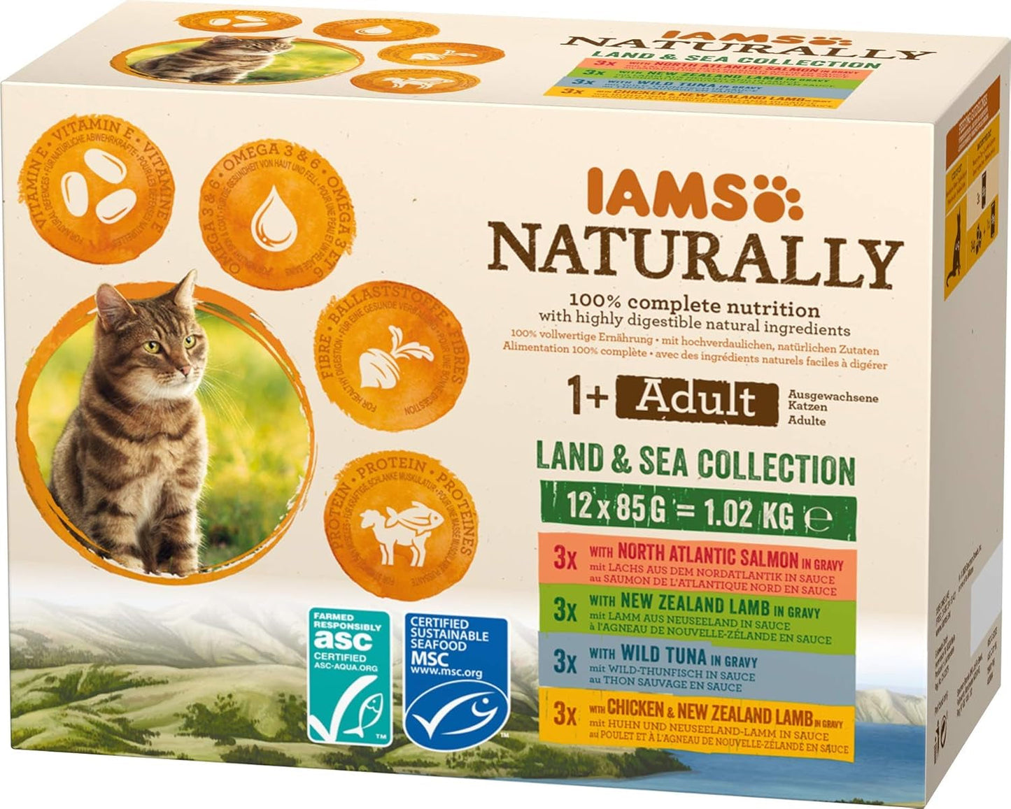 IAMS Natural Wet Cat Food i sås - Högkvalitativt kött och fisk våtfoder för vuxna katter, Land & Sea Collection, 12 x 85g