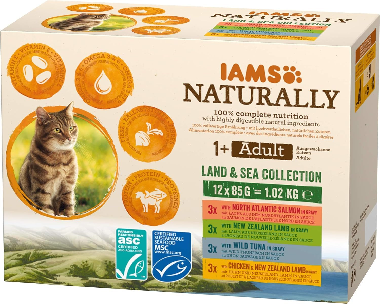 IAMS Natural Wet Cat Food i sås - Högkvalitativt kött och fisk våtfoder för vuxna katter, Land & Sea Collection, 12 x 85g