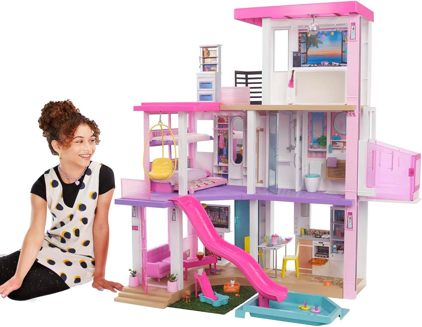 Barbie Dream House (114 Cm), 3-vånings dockhus, pool, rutschkana, rullstolslift, 75 tillbehör, dockor, lämplig som present till barn från 3 år och uppåt, GRG93 Naty Shop Dollhouses 2021 version