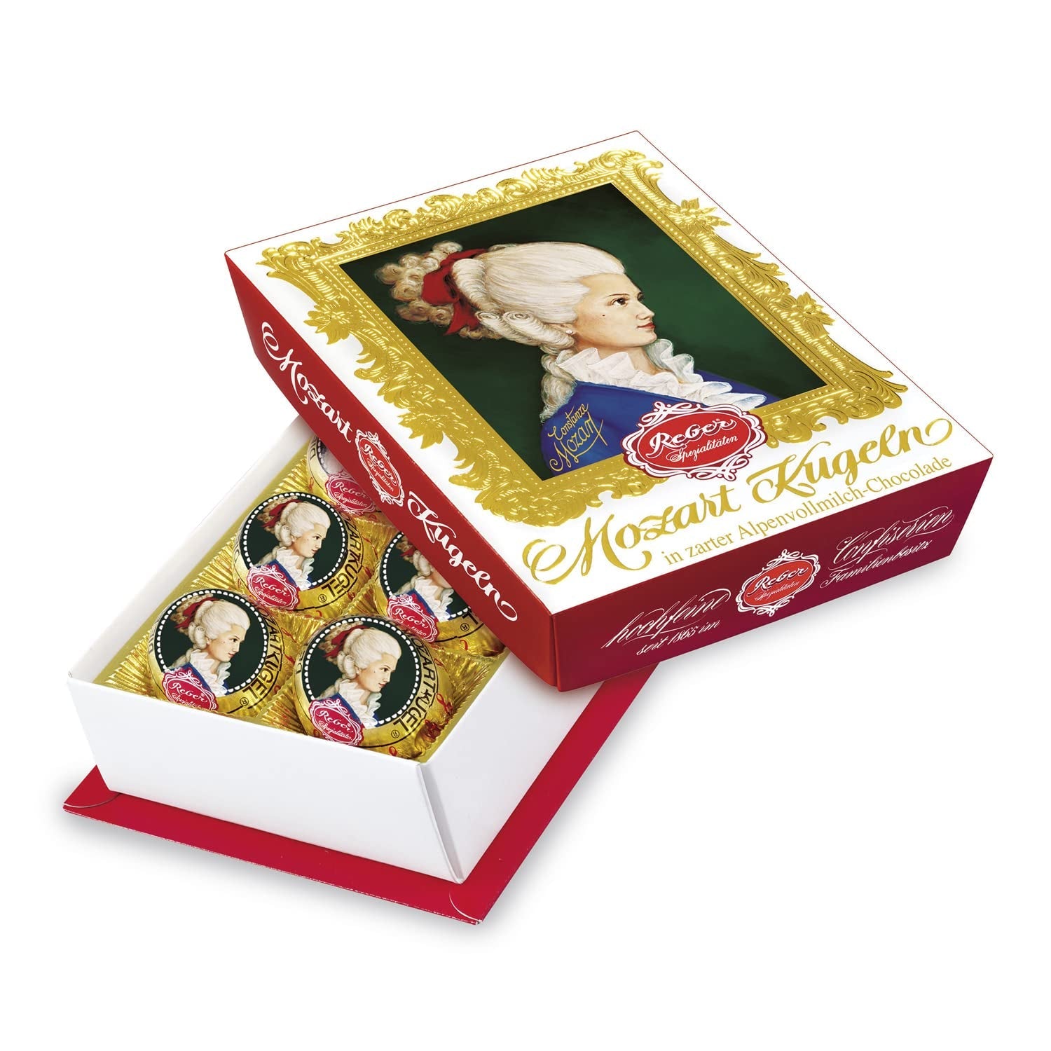 Reber Mozartkulor med mörk choklad, 6-pack med marsipan och nougat, vegansk - 1 x 120 g